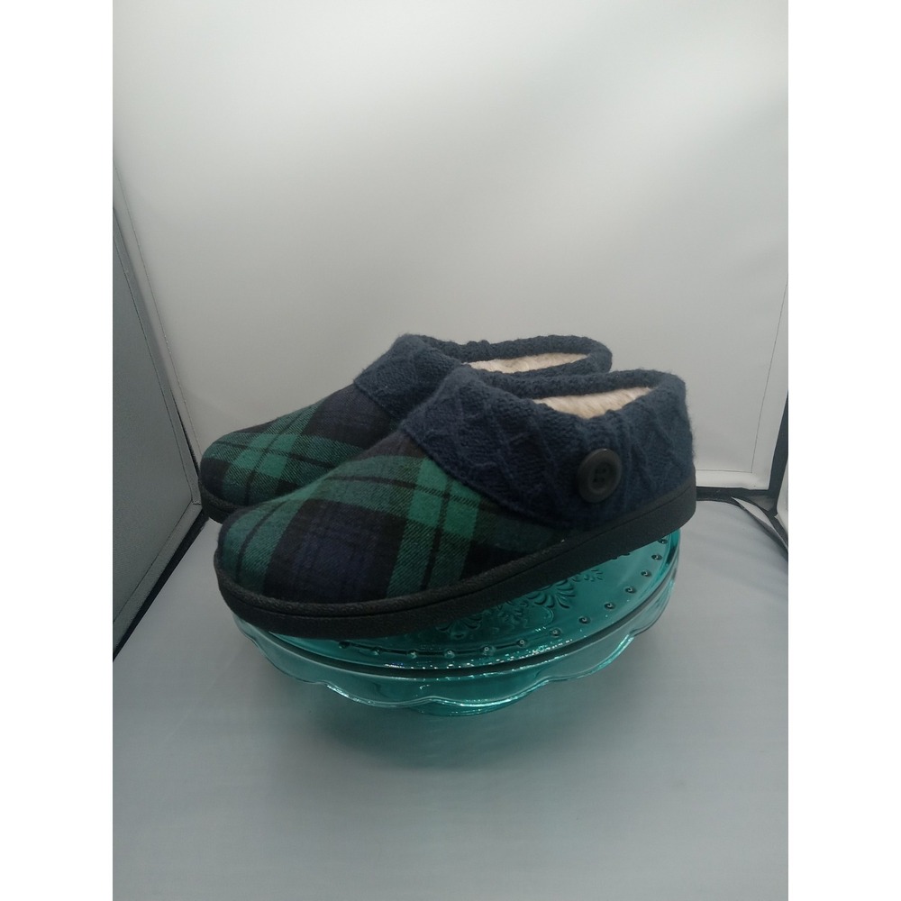 Women's‎ Clarks Size 7M Fleece Lined Green Navy Fabric Plaid Slip On Clog Shoes